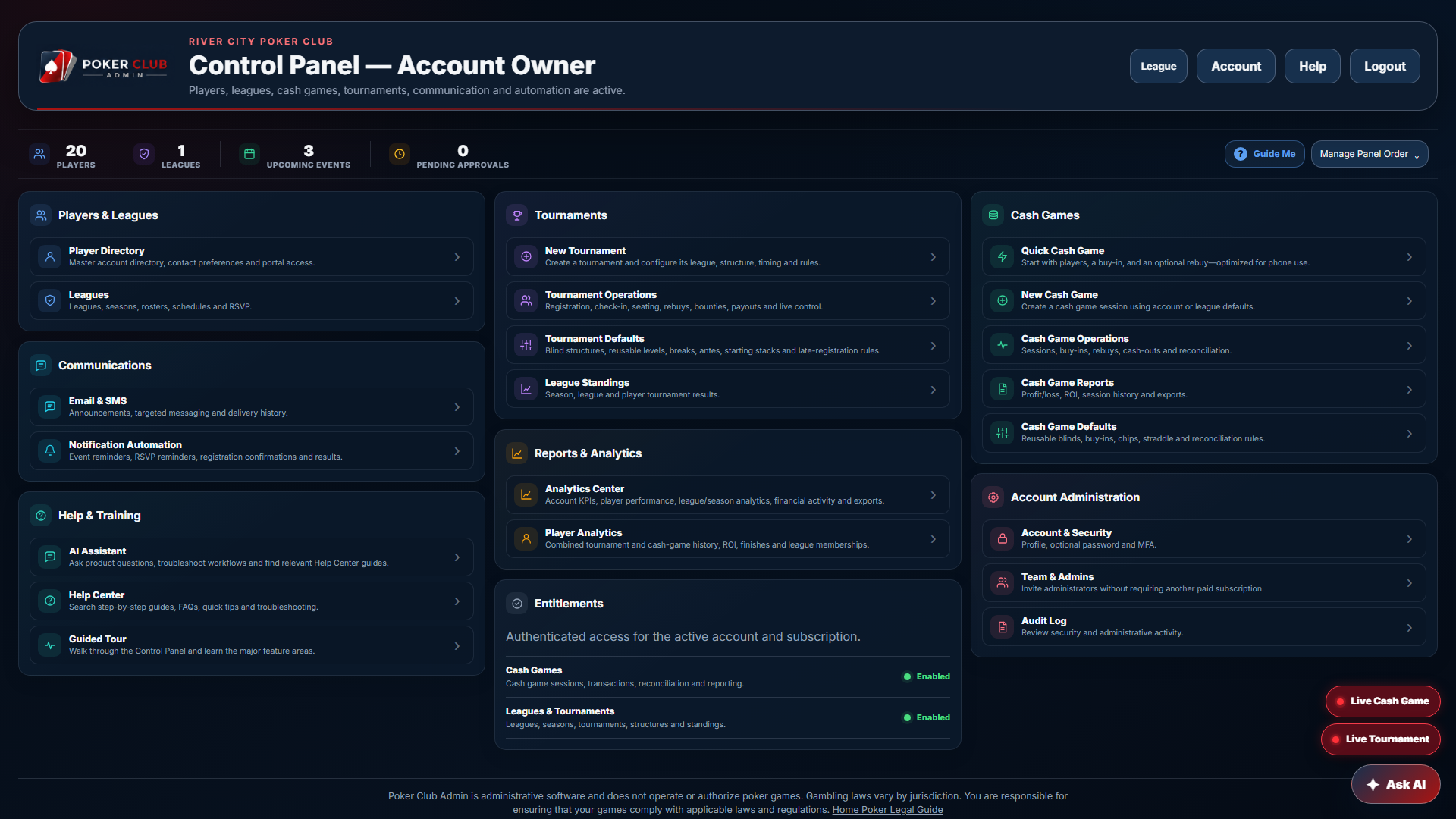 Poker Club Admin Control Panel showing club operations and quick actions
