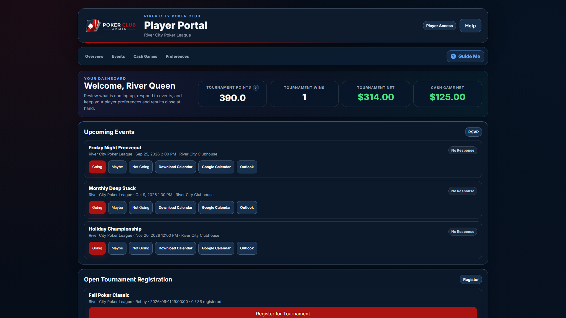 Player Portal dashboard showing results and upcoming events