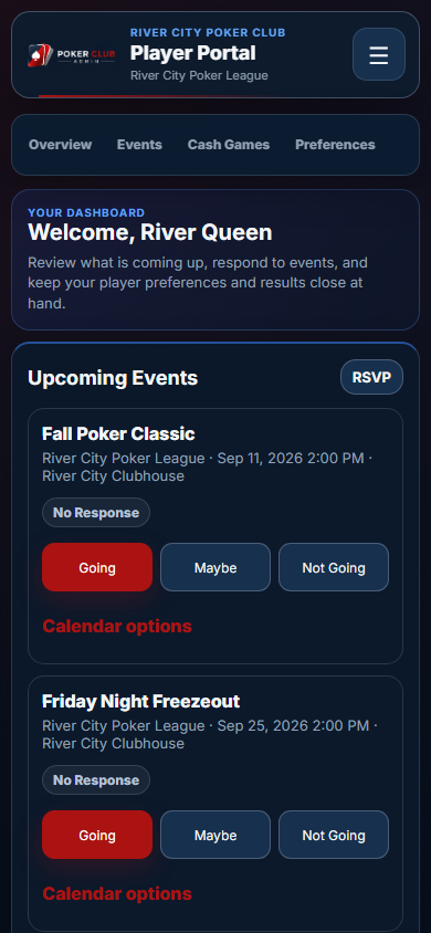 Poker Club Admin Player Portal on a phone