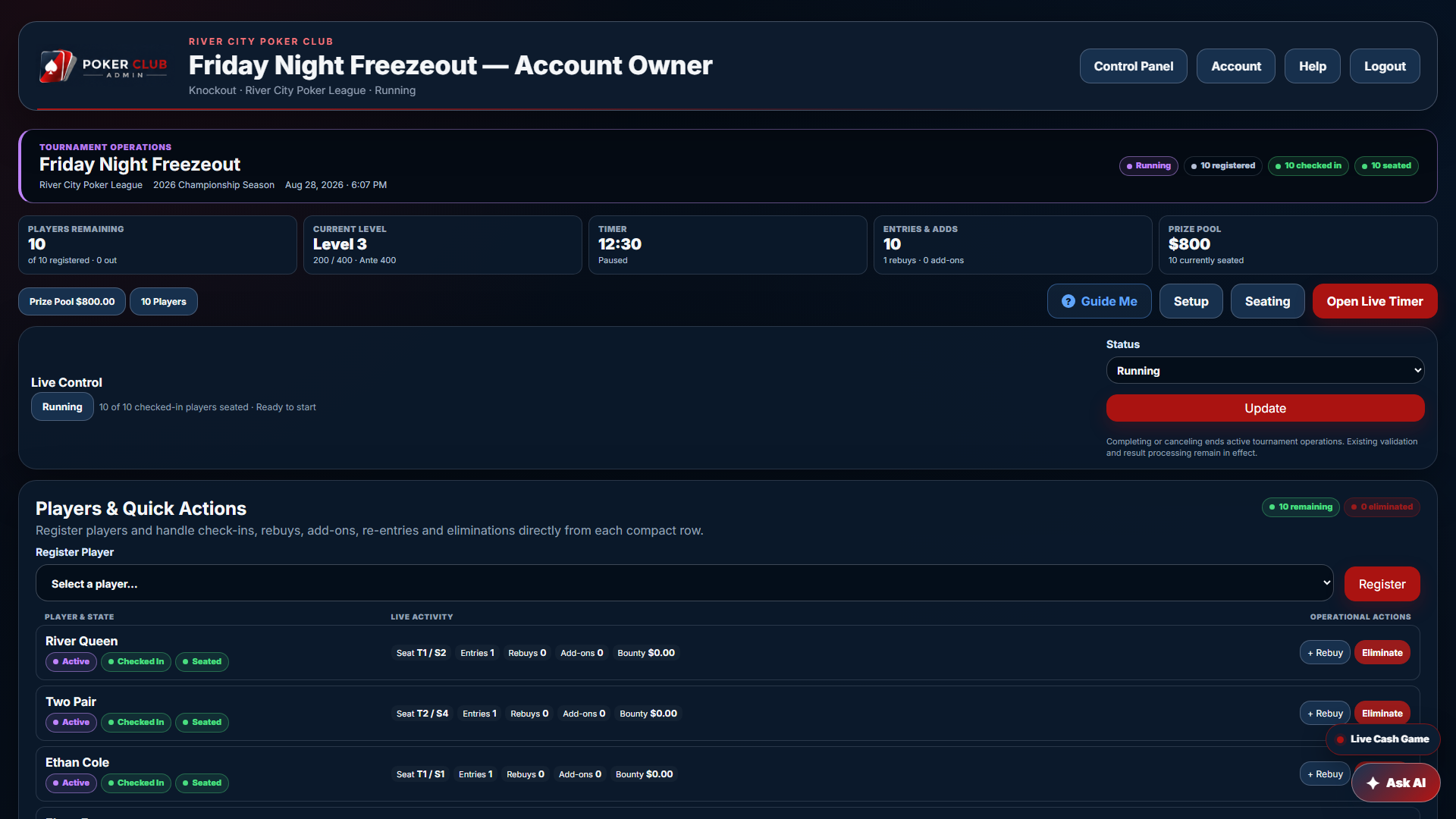 Run every stage of the tournament in Poker Club Admin