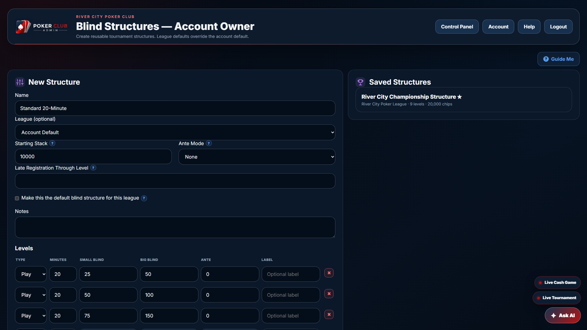 Blind Structures in Poker Club Admin