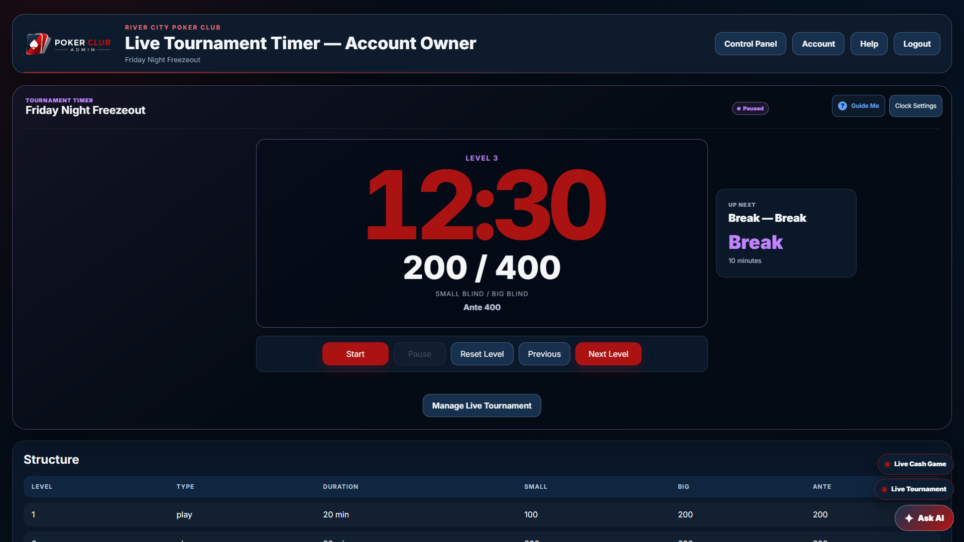 Live Tournament Timer